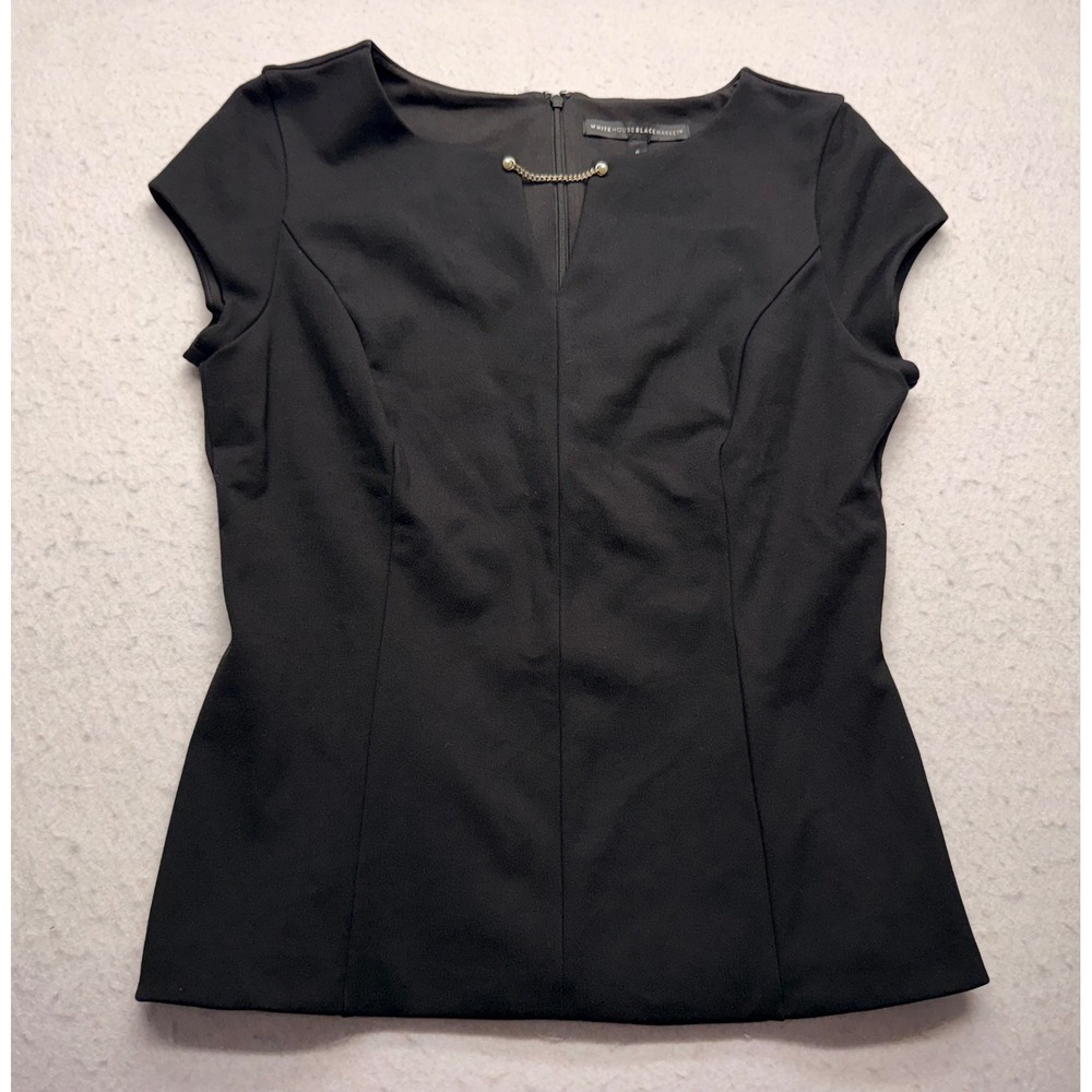 White House Black Market Black Cap Sleeve Chain Pearl Accent Blouse Top Size 6